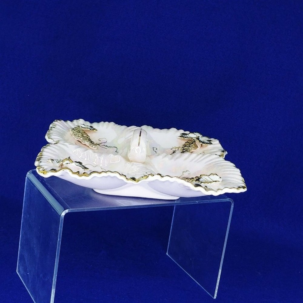 Dish Divided with Handle Pink Opalescent Gold Leaf Accents Collectible Vintage - Picture 3 of 9